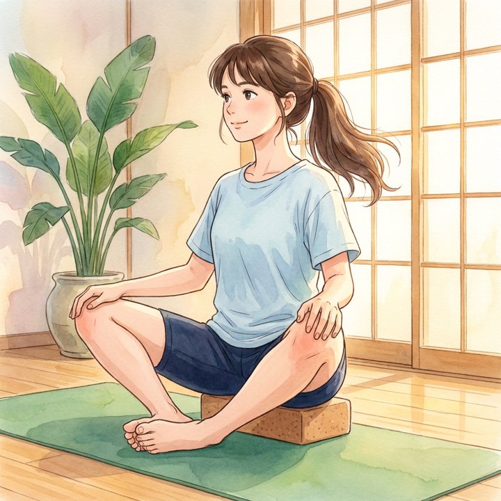 Butterfly pose, level 1 — seated with knees wide, hips lifted on a block